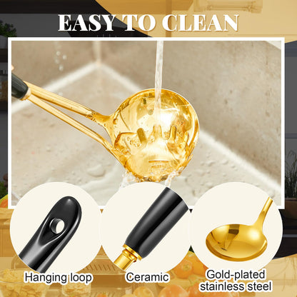 Blushtier 7 Pcs Black and Gold Cooking Utensils Set, Stainless Steel Kitchenware Gift with Hanging Shelf, Slotted Spoon, Slotted Spatula, Large, Soup Ladle, Spatula, Pasta Spoon, Easy to Clean