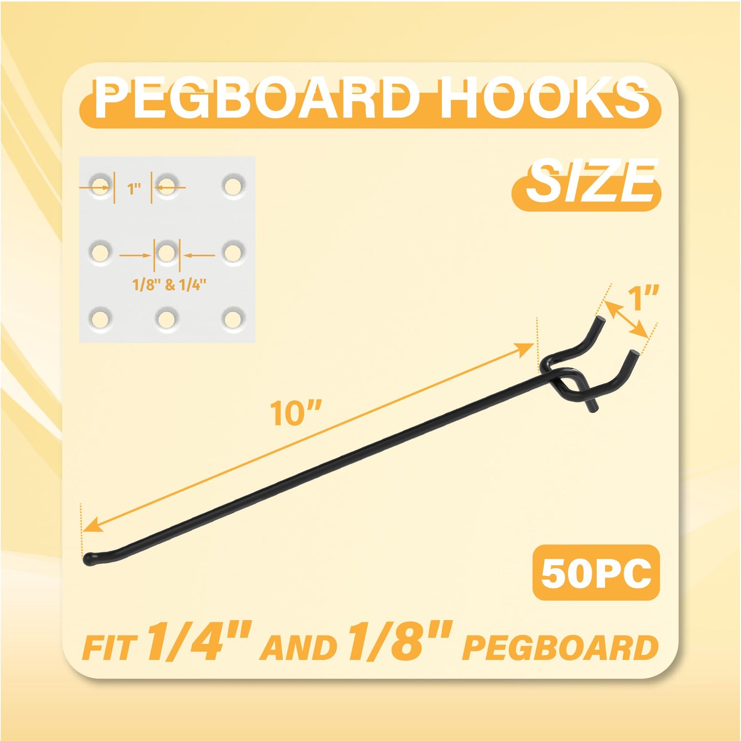 BFPeaky Heavy Duty Pegboard Hooks 10 Inch - 50 pcs Peg Board Hooks for Hanging, Black Metal Pegboard Organizer Accessories Garage, Workshop, Home, and Store