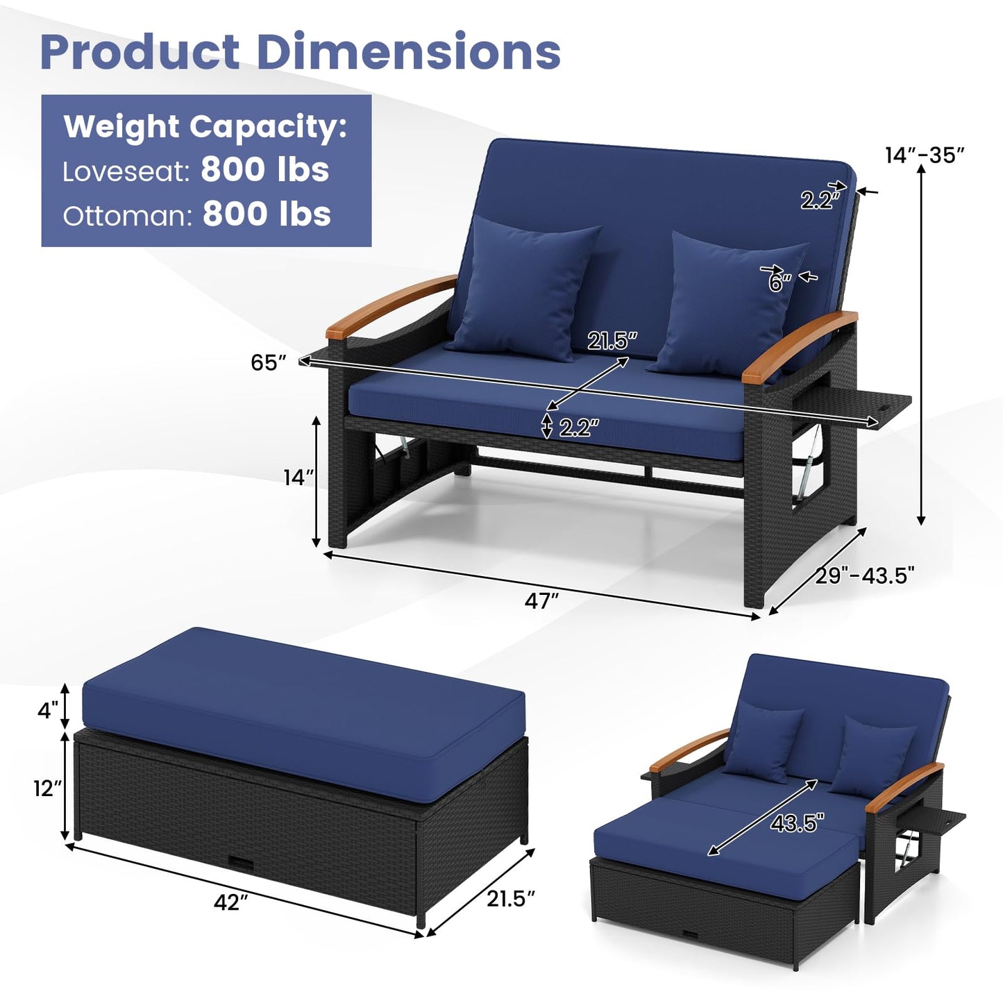 Tangkula Patio Rattan Daybed with 4-Level Adjustable Backrest, Outdoor Wicker Loveseat with Acacia Wood Armrest, Storage Ottoman & Folding Tray, Double Sunbed for Yard & Poolside (Navy & Black)