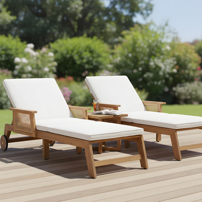 Christopher Knight Home 3-Piece Outdoor Chaise Lounge Chair Set of 2 with Side Table, Acacia Wood Patio Lounge Chairs with Cushion & Wheels, 3-Position Adjustable Beach Backyard Furniture, Beige/Teak