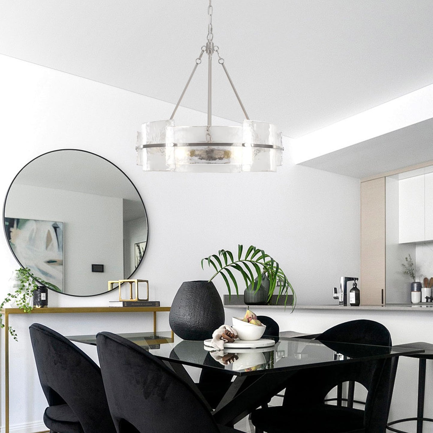 Corlaceling Modern Glass Dining Room Chandelier, 22 inch Brushed Nickel Drum Kitchen Island Light Fixture Luxury Textured Glass Water Ripple Crystal Chandeliers for Living Room Foyer Bedroom