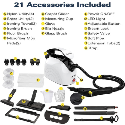 Steam Cleaner, Handheld Steamer with 21 Accessories, 248°F High-Temperature Steam for Floors, Grout, Tiles, Carpet, Cars - Portable 1.08L Tank, Child Lock, Chemical-Free Cleaning
