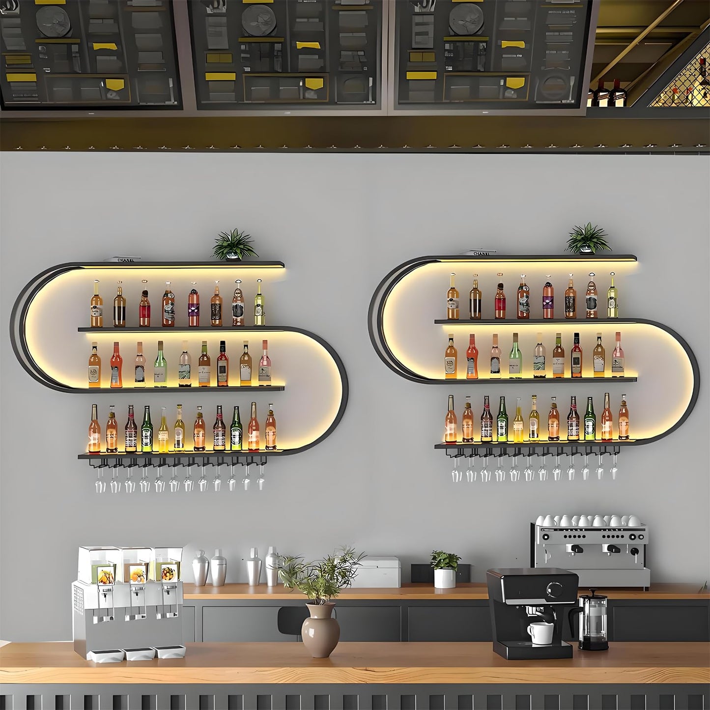 amhricho Wall Mounted Wine Rack with LED Light, Half Round Multi Tier Wine Rack with Wine Glass Hooks, Iron Wine Bottle Display Rack for Kitchen, Bar, Cafe (Black, 94.5 * 7.87 * 47.2INCH)