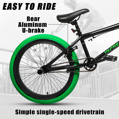 cubsala Freestyle BMX Bike, 20 Inch Yaphet Bicycle for Teen Beginner Adult Riders, Bike with 360° Rotating Handlebar and 4 pegs, Black with Green Tires