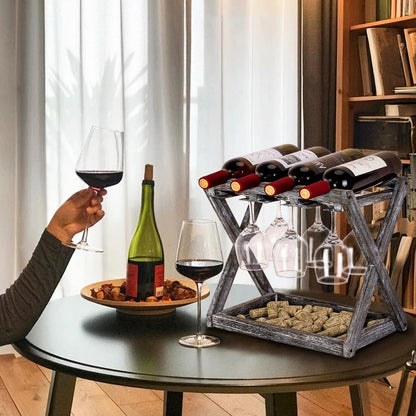WDSHIYI 4 6 Countertop Rustic Wood Wine Rack for Bottles and Stemware Glass Holder- Wine Racks with Glass Holder, Home