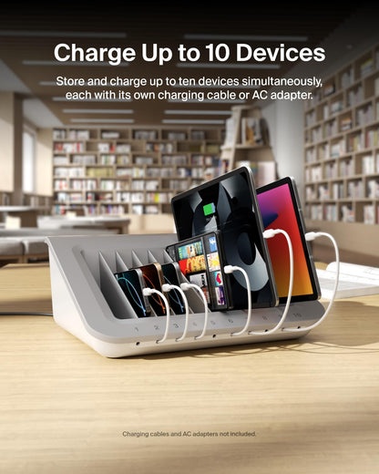 Belkin Charging Station For Laptops with Surge Protector - 10 Device USB Charging Dock for Tablets, Laptops, Chromebooks – Cable Management for Classrooms, Offices, Tech Labs, Shared Spaces, & More