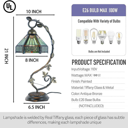 LXHCYOU Tiffany Table Lamp, Stained Glass Desk Light, 8X10X21 Inches, Metal Leaf Base (Sapphire Style)