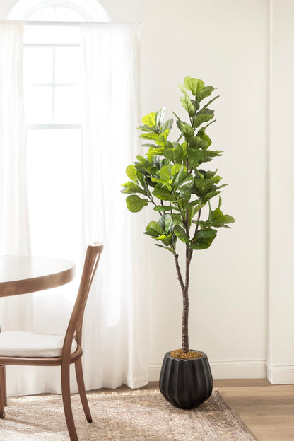 Kate and Laurel Fidmont Faux Fiddle Fig Tree with Claudel Scalloped Planter Pot, 6 FT, Black, Potted Artificial Tree Indoor with Realistic Foliage and Added Moss, Fake Plant for Living Room Decor