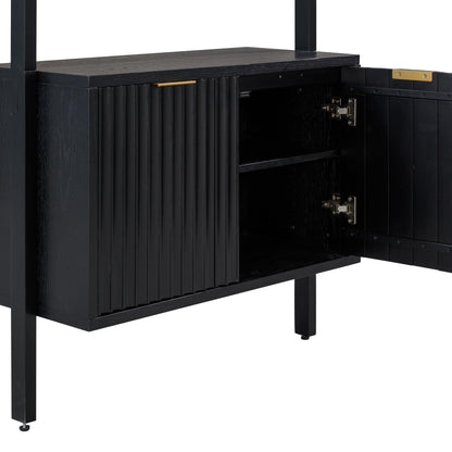 Nathan James Jasper 3-Shelf Solid Wood Boho Bookshelf, Wall Mounted Bookshelf with Cabinet with Fluted Doors, Black Oak, Set of 2