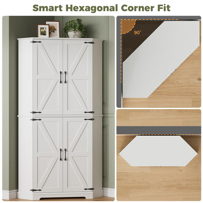 IRONCK Corner Cabinet, 72" Kitchen Pantry Cabinet, 6-Tier Freestanding Farmhouse Pantry with 2 Adjustable Shelves, 240°Swivel Doors, 2 Doors Storage, Spacious Hutch for Kitchen, Living Room, White