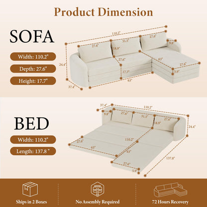 Vesgantti 110.2" Boneless Sectional Couch with Curved Armrest, 6 in 1 Convertible Folding Sleeper Sofa Bed, Chenille Modular Sofa for Living Room, No Assembly Required, Beige, Right Facing Chaise