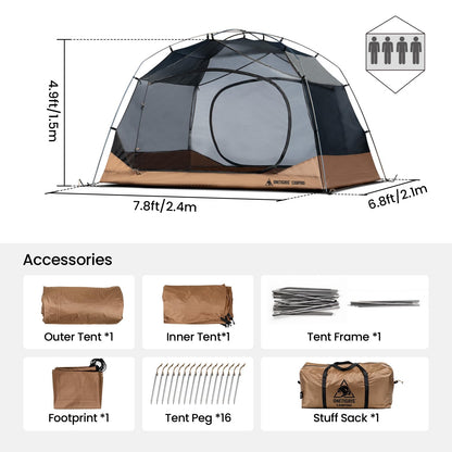 OneTigris JOVIAN 4 Person Camping Tent 3 Season Family Shelter Easy Setup Outdoor Backpacking with 2000mm Outer Rainfly, 5000mm Bottom & Waterproof Floor Mat