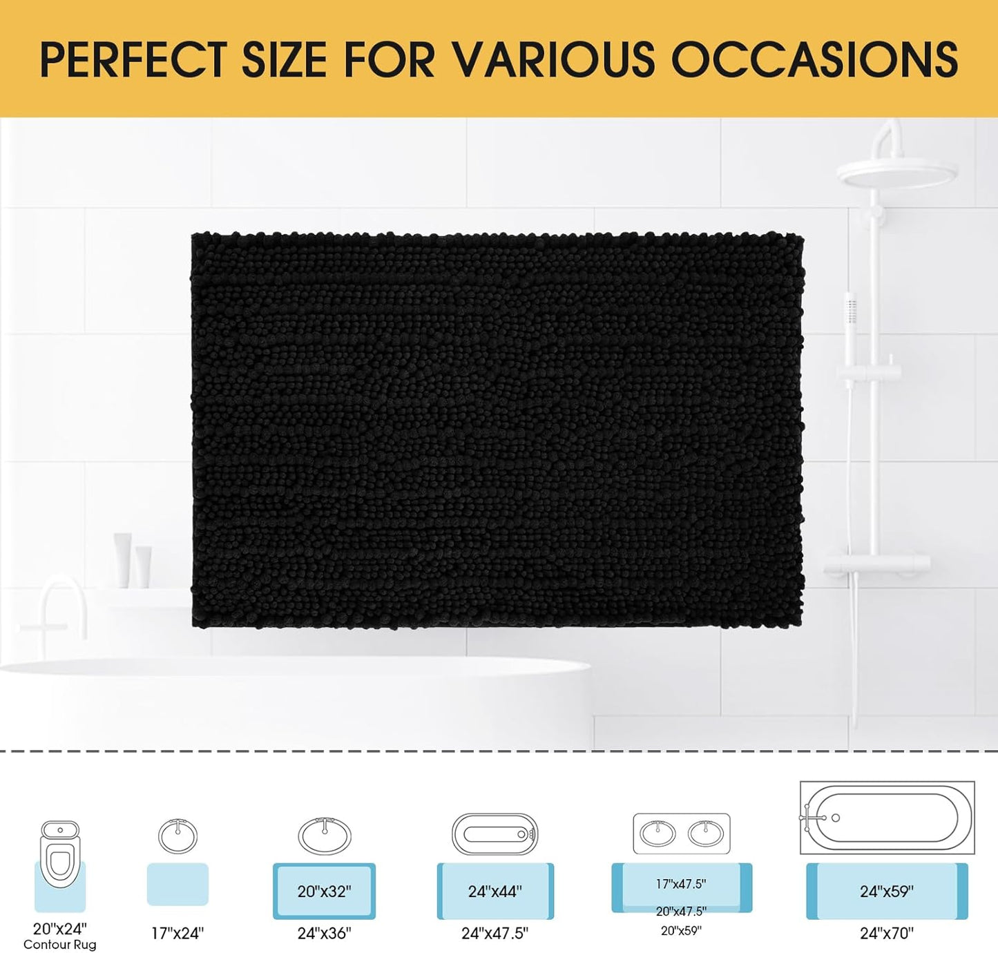 Upgrade Luxury Black Bathroom Rug Mat, 17"x47.5", Ultra Soft Thick Absorbent Non-Slip Chenille