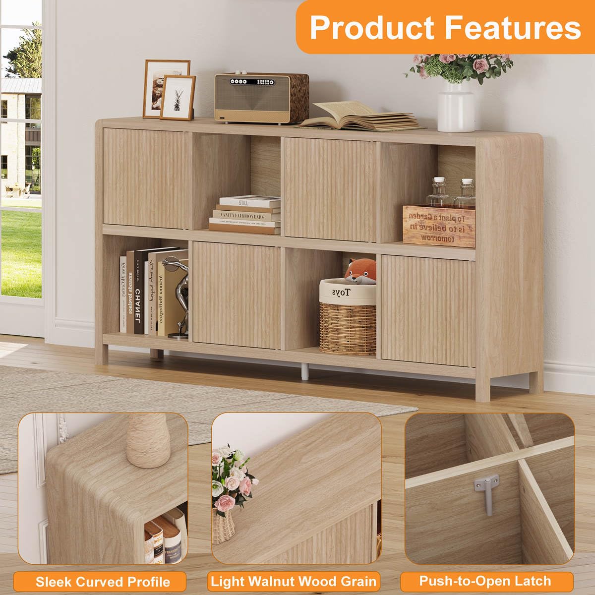 FATORRI 8 Cube Bookshelf with 4 Doors, Modern Mid Century Wood Book Shelf with Storage, Low Horizontal Cubby Bookcase for Home Office (Light Walnut)