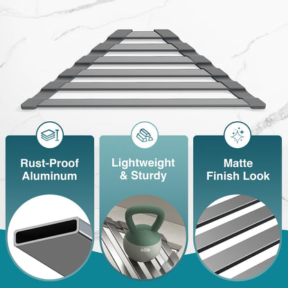 COOL-ANGLE Corner Sink Drying Rack, 16"x9.5" Rust-Proof Aluminum Triangular Dish Drainer, Heat Resistant Roll Up Mat for Kitchen Counter, Sponge Holder & Organizer with Non-Slip Silicone Base, Gray