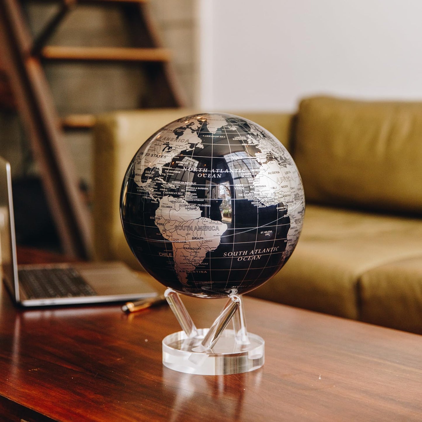 MOVA Globe - Jet Black and Silver Prestige (8.5") | Solar-Powered Rotating Desk Globe with Minimalist Map Design | No Batteries or Cords | Modern Decor Gift