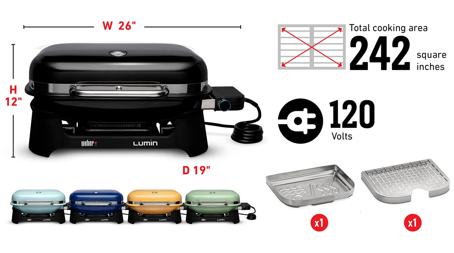 Weber Lumin Portable Electric Grill, Black – High‑Heat Outdoor BBQ Reaching 600°F for Searing, Smoking, Steaming & Warming – Ideal for Samll Spaces & Travel