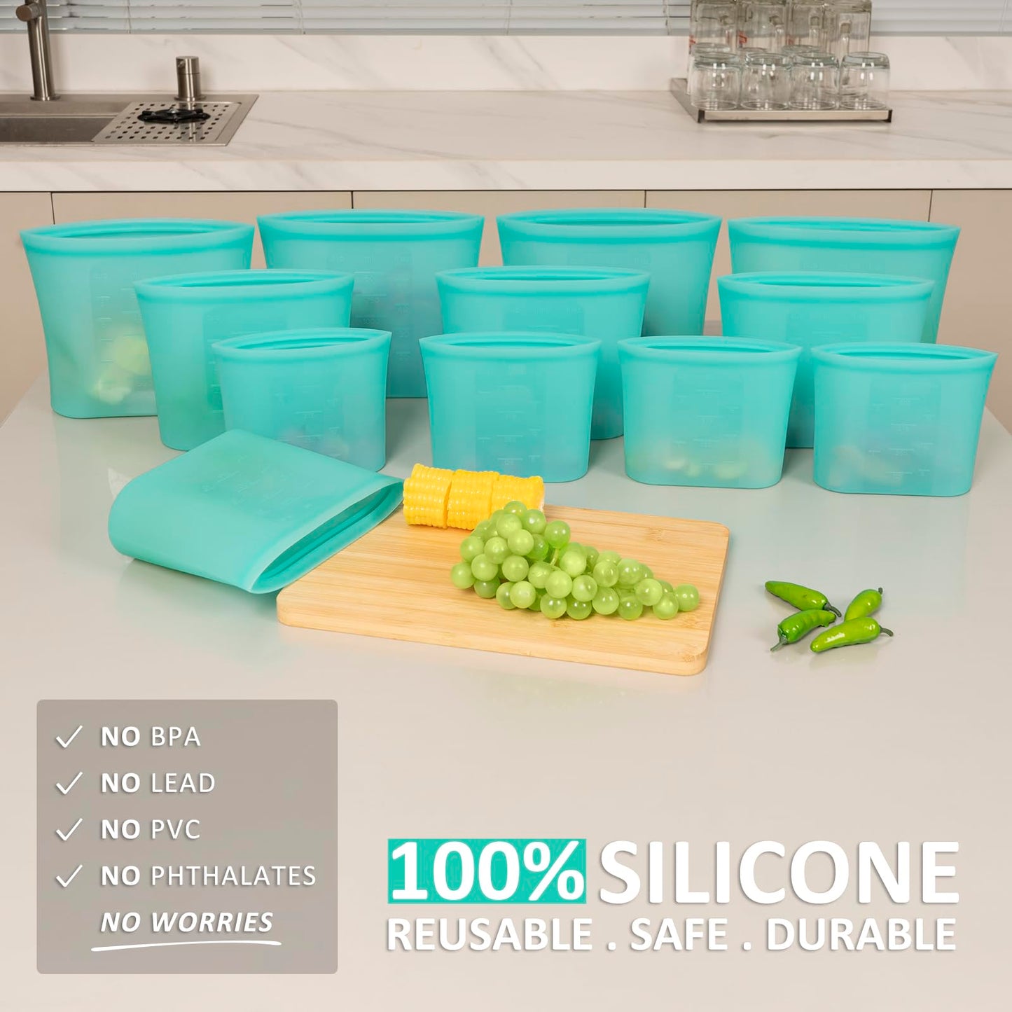 Annaklin Reusable Food Bags, 12 Pack 100% Silicone Food Storage Bags Stand Up Zip Lock Container, Freezer Microwave Oven Dishwasher Safe, 4 Medium 4 Small 4 Extra Small, Aqua