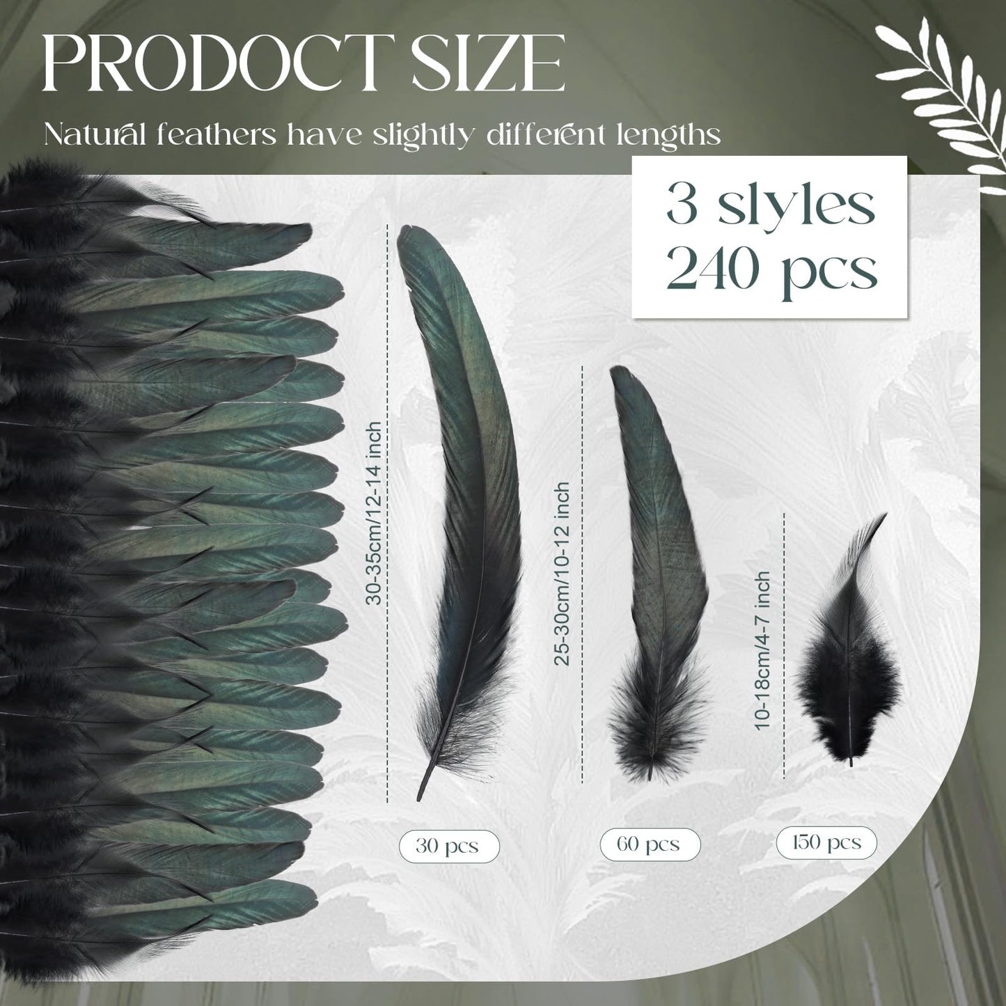 Suncalla 240 Pcs Rooster Feathers 4-6/10-12/12-14 Inches Craft Feathers for DIY Dream Catcher Crafts Sewing Holiday Costume Wedding Party Supplies and Home Decorations(Black)
