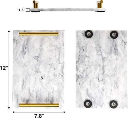 12" DEAYOU Decorative Tray with Gold Handles, Natural Marble Stone Tray, Nightstand Serving Tray with Metal Handle