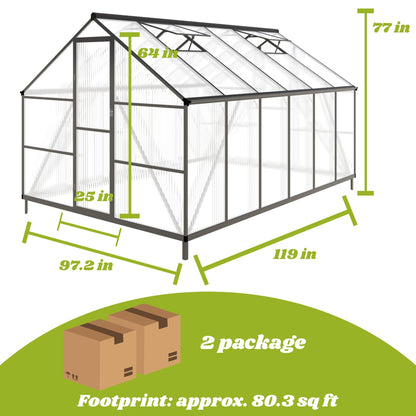 8x10 FT Greenhouse for Outdoors, Polycarbonate Greenhouse with Quick Setup Structure and Roof Vent, Aluminum Large Walk-in Green House for Outside Garden Backyard, Dark Gray
