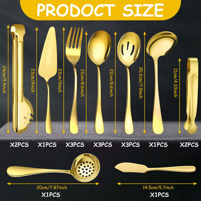 17 Pcs Gold Serving Utensils Set Include Stainless Steel Large Serving Spoons Slotted Spoons Forks Soup Ladle Pie Server - Metal Utensils for Parties Buffet Catering, Dishwasher Safe