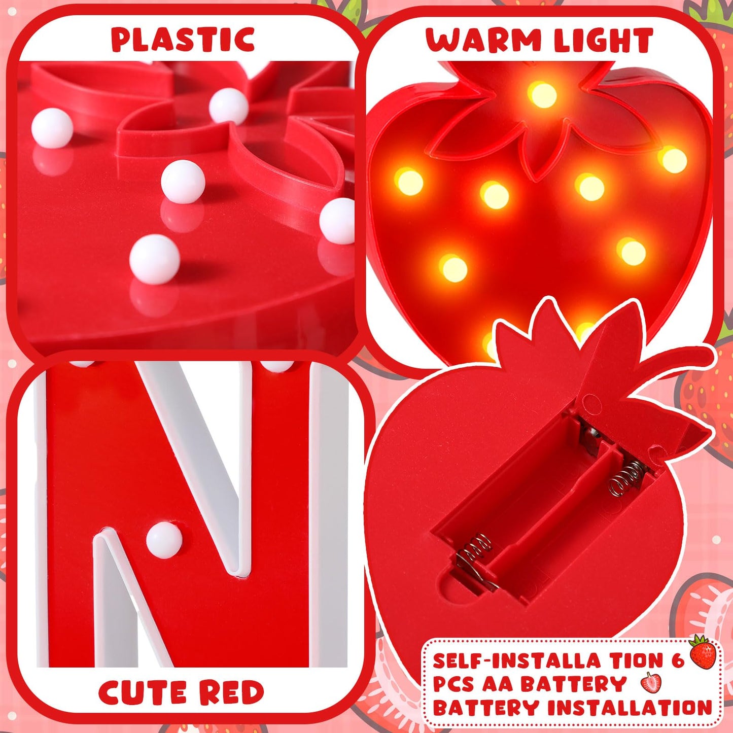 Honoson 3 Pcs Berry First Birthday Decor Strawberry Party Decorations LED Light up One Letter Sign Marquee String 1st Birthday Photo Prop Decor Sweet One Party Supplies(Strawberry)