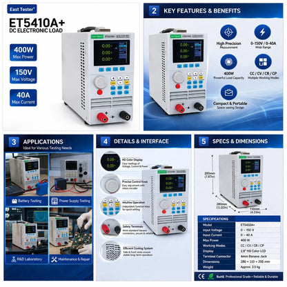ET5410A+ Programmable DC Electronic Load Tester 400W, 0-150V/0-40A for Battery Capacity Discharge Test with USB Interface & LED Testing, Over-Voltage/Current Protection, LCD Display (Gray)