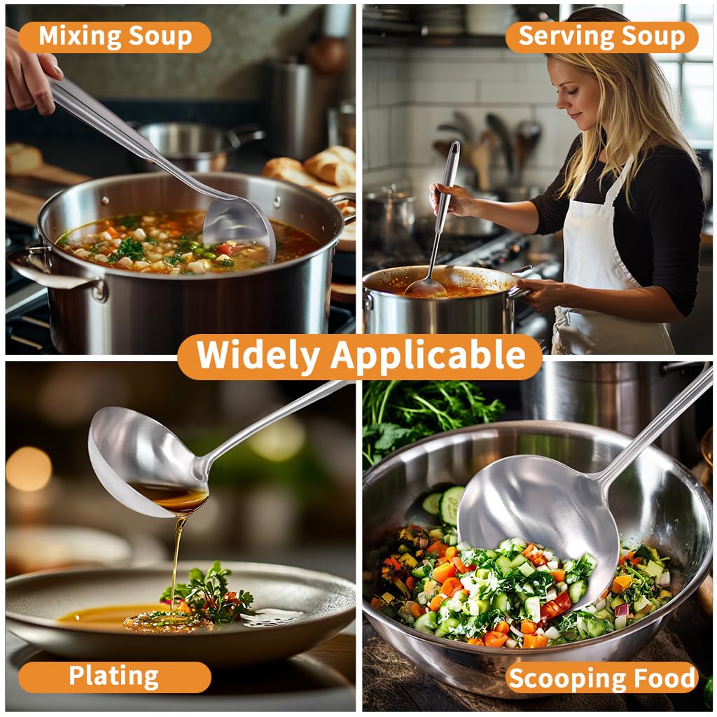 Deep Stainless Steel 13.7 Inches Newness Soup Ladle,[Rustproof, Heat Resistance, Integral Forming]Resilient 304 Stainless Steel Soup Spoon with Vacuum Ergonomic Round Handle, Cooking Spoon for Kitchen