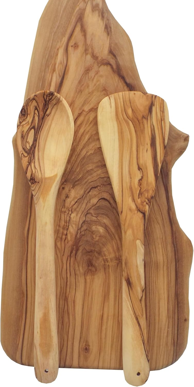 Olive Wood Spoon & Curved Spatula Set of 2 Pieces, 12 Inch Wooden Utensils for Everyday Cooking