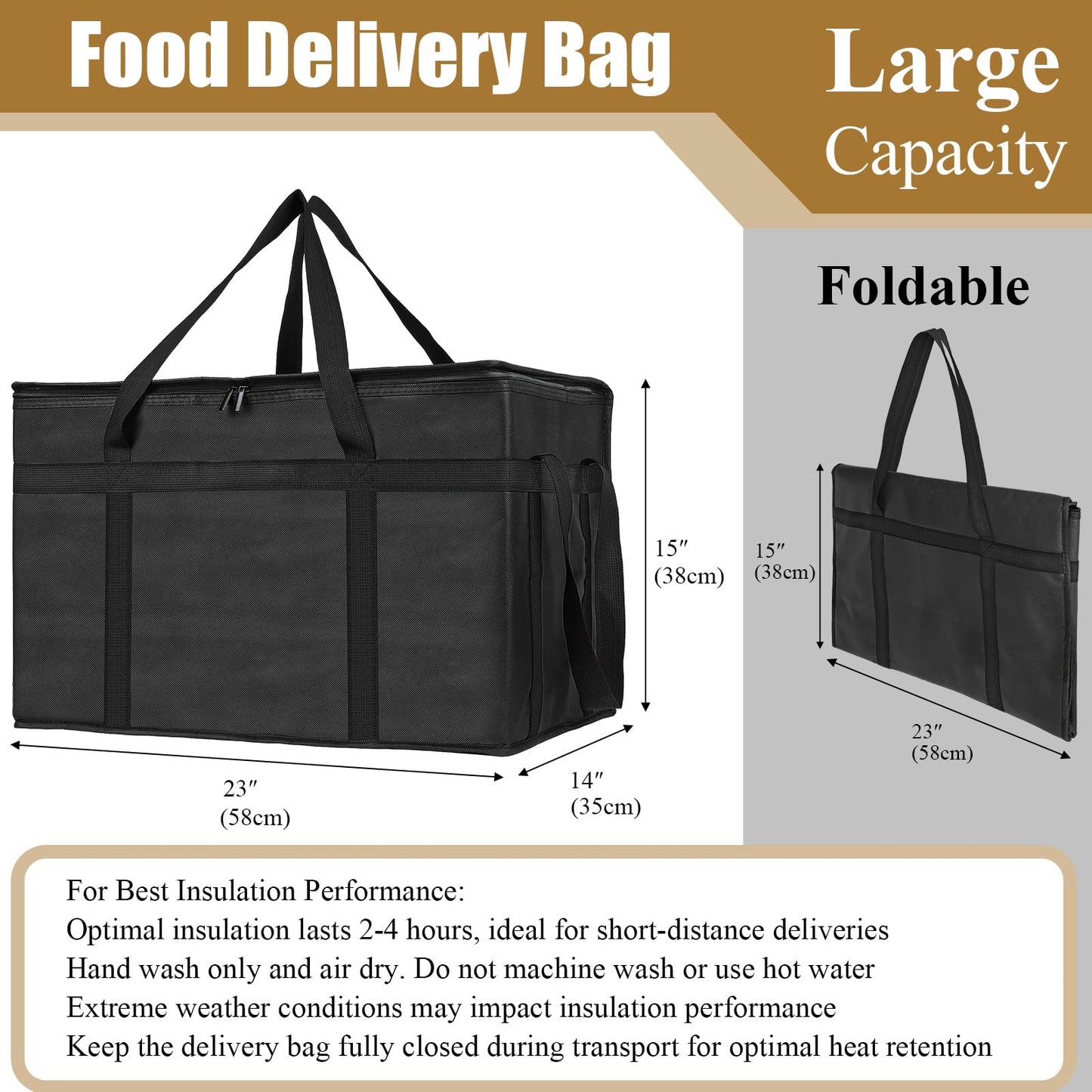 PEASUG Insulated Bags for Food Delivery, XXXL Pizza Delivery Bags, Large Capacity Cooler Bag Keep Food Warm for Grocery Shopping and Catering, Foldable, Heavy-Duty (Black)