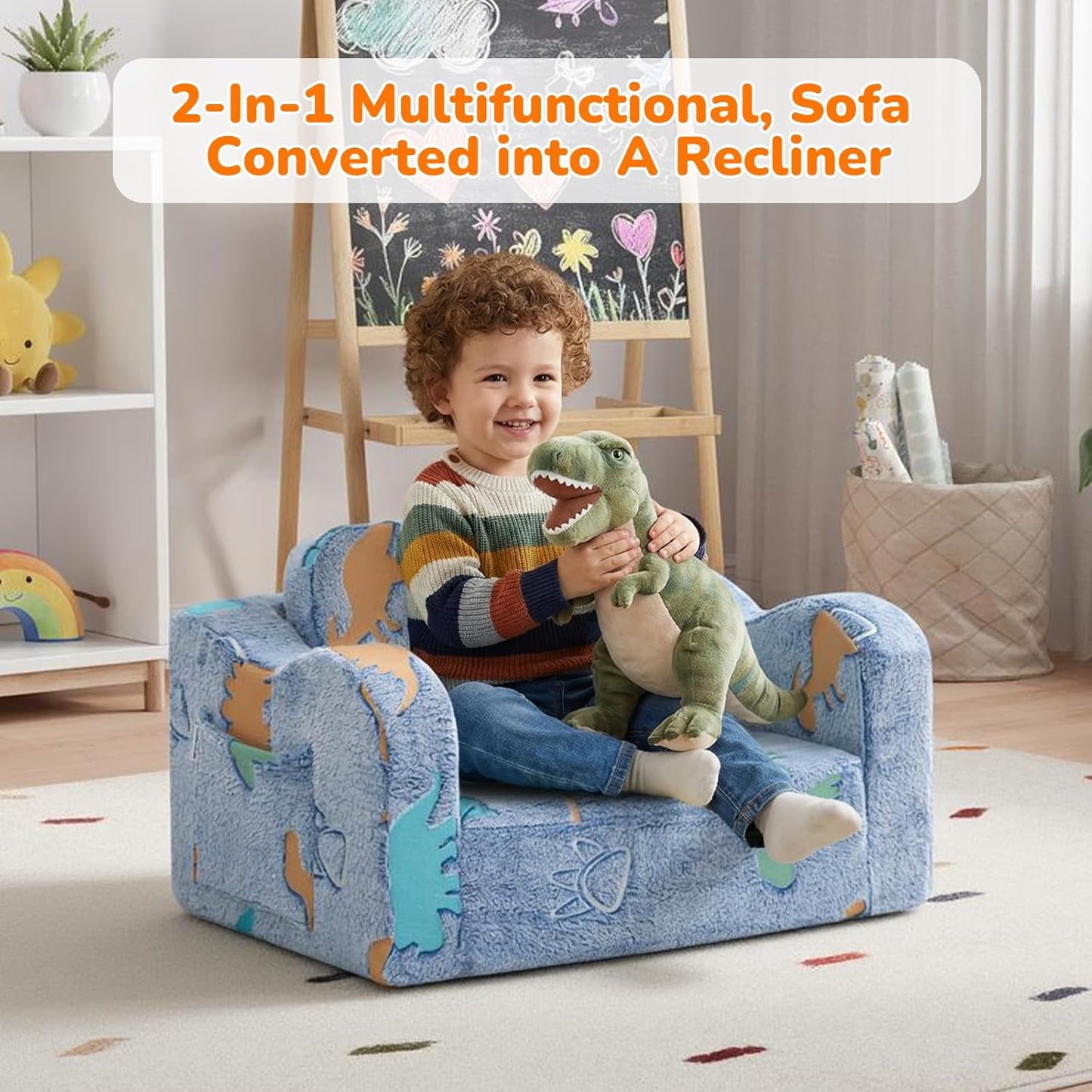 1-3, 2-in-1 MeMoreCool Glowing Dinosaur Kids Chair, Glow-in-the-Dark Kids Couch for Boys Ages Convertible Fold-Out Sofa
