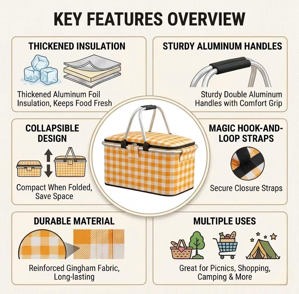 22L Collapsible Picnic Basket with Insulated Cooler, Includes Oversized 80"x80" Waterproof Blanket, Leakproof Aluminum Frame Market Grocery Tote for Family Camping, Beach & Outdoor Dates Yellow Plaid