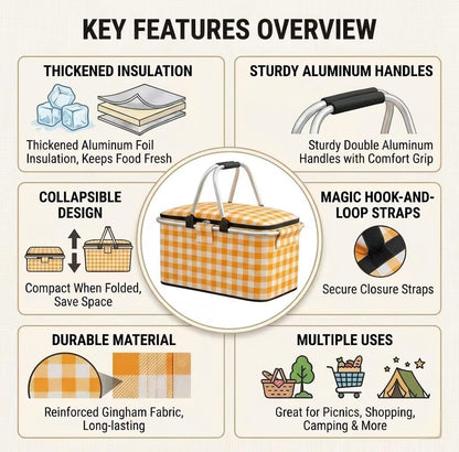 22L Collapsible Picnic Basket with Insulated Cooler, Includes Oversized 80"x80" Waterproof Blanket, Leakproof Aluminum Frame Market Grocery Tote for Family Camping, Beach & Outdoor Dates Yellow Plaid