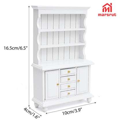 Dollhouse Miniature Cabinet 1/12 Scale Bookshelf Bookcase Cupboard Hutch, Mini Furniture Kitchen Accessories, European Items Living Room Wooden Storage Sideboard Display Showcase Shelves, White