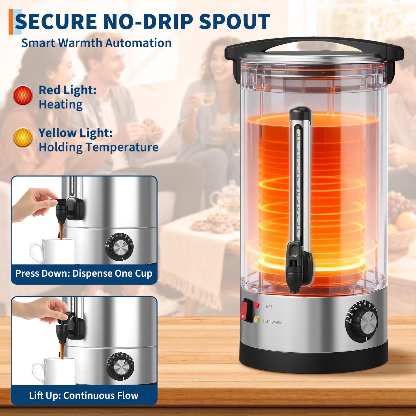 60 Cup Large Coffee Urn with Double Wall Insulation, 10L/2.6 Gallon Stainless Steel Commercial Electric Coffee Dispenser with Hot Drinks and Hot Water, for Weddings, Parties, Catering, and Buffets