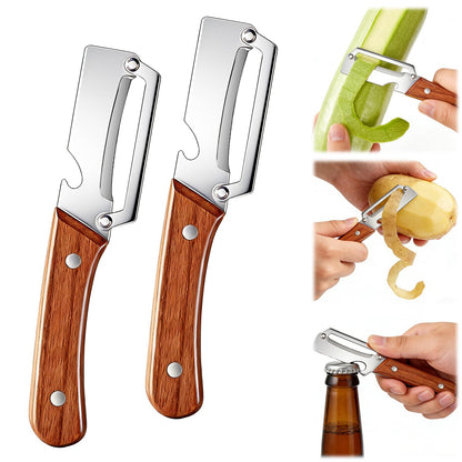 2pcs Premium Vegetable Peeler with Wooden Handle and Bottle Opener, Stainless Steel Blade Peelers for Kitchen Tool for Fruit Apple Potato Pumpkin Papaya