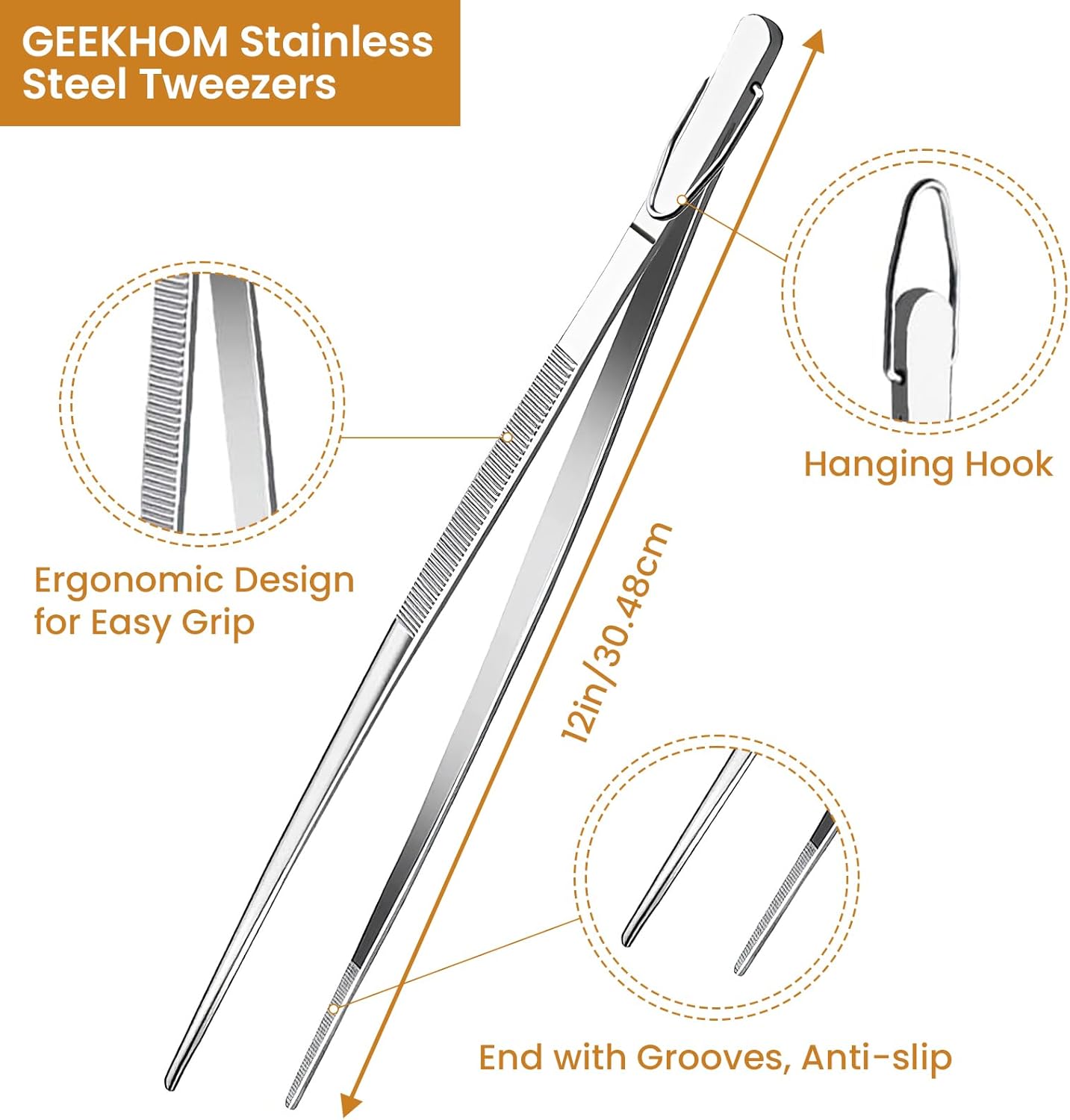 GEEKHOM Tweezer Tongs for Cooking, [4 Pack] 12-inch Fine Long Food Tongs, Stainless Steel Kitchen Tweezers for BBQ
