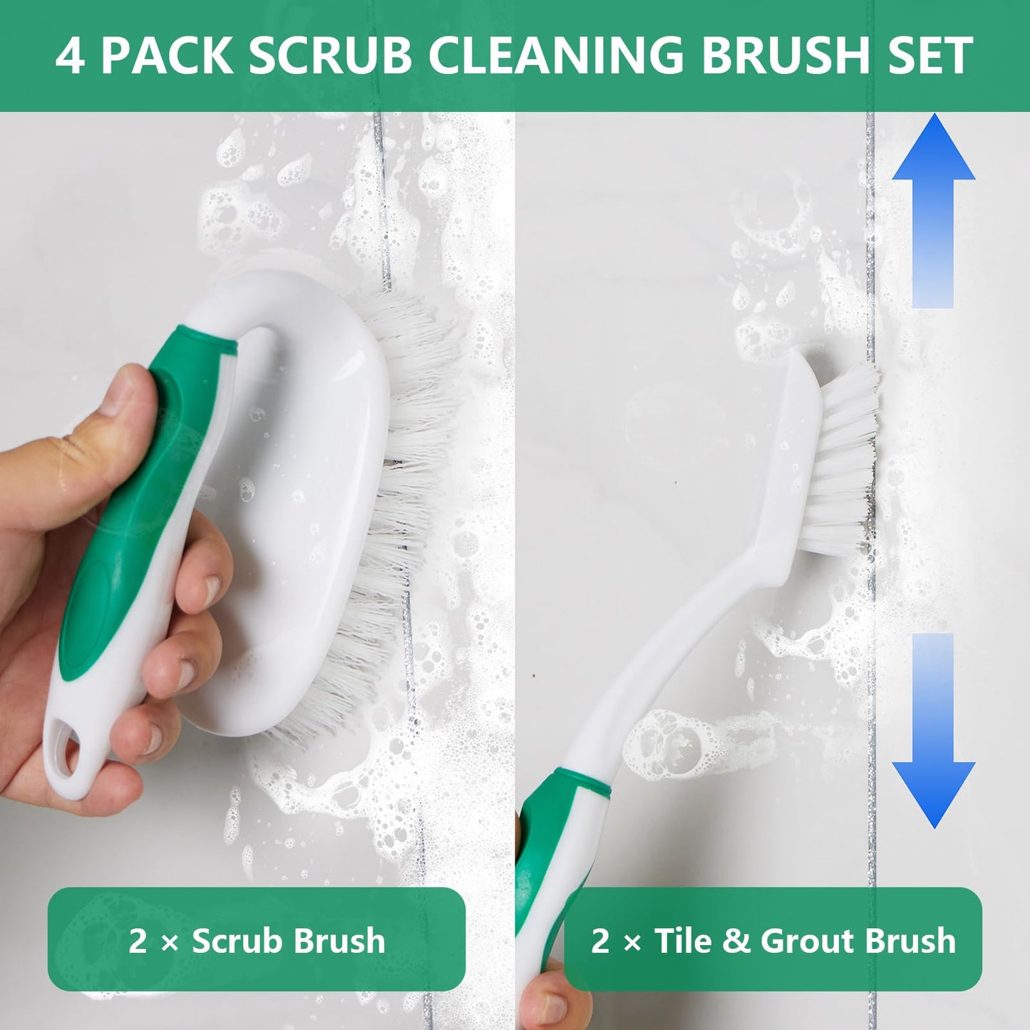 HileSwan Scrub Brush Set, 4 Pack Deep Cleaning Brush Kit - 2 Scrub Brush, 2 Tile & Grout Brush with Built-in Scraper, Household Commercial Scrubber for Floor, Shower, Pool Wall, Tub (Green)
