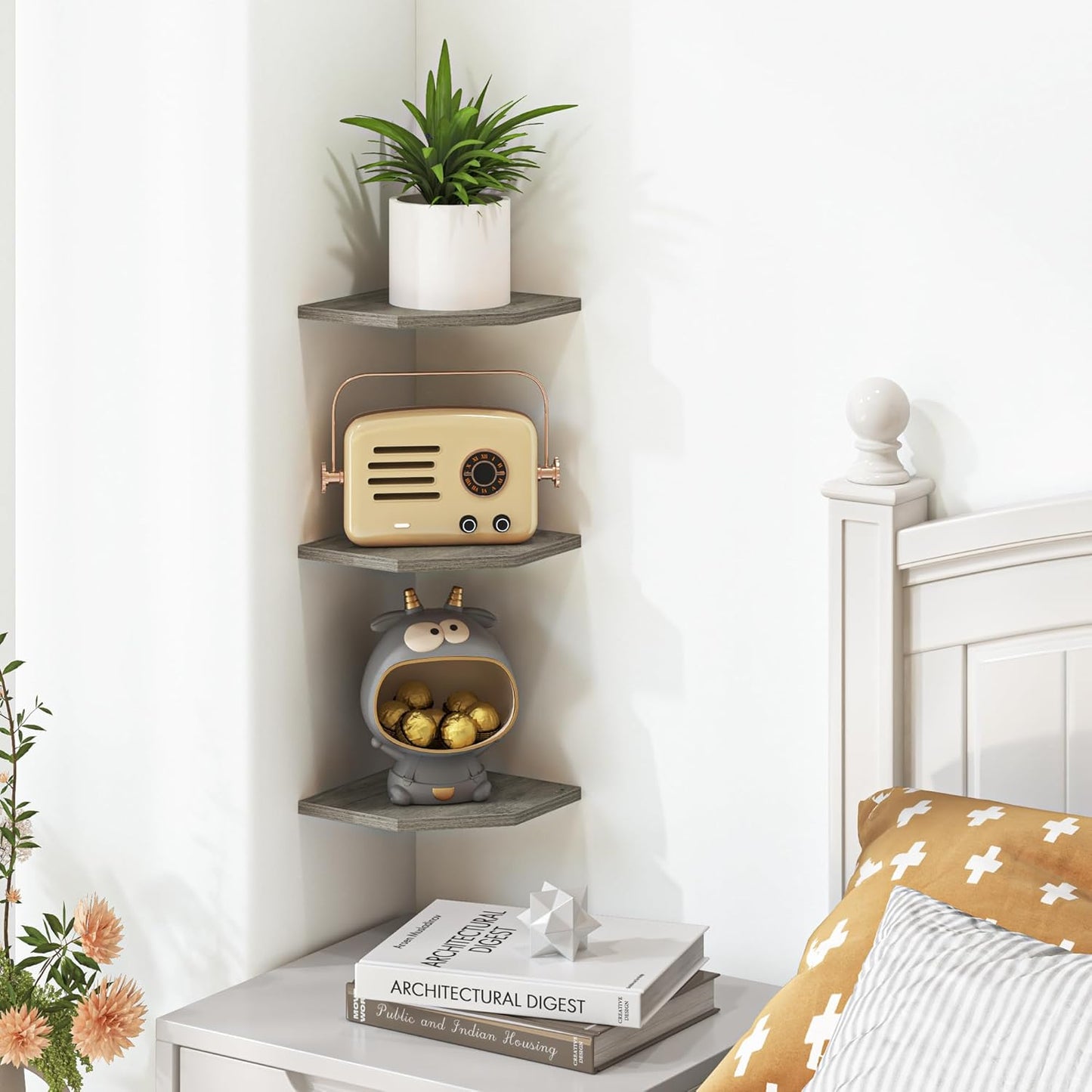 Set 3 Fun Memories Corner Shelf Wall Mount, Floating Corner Shelves, of Corner Wall Shelf Organizer, Rustic Wood Wall