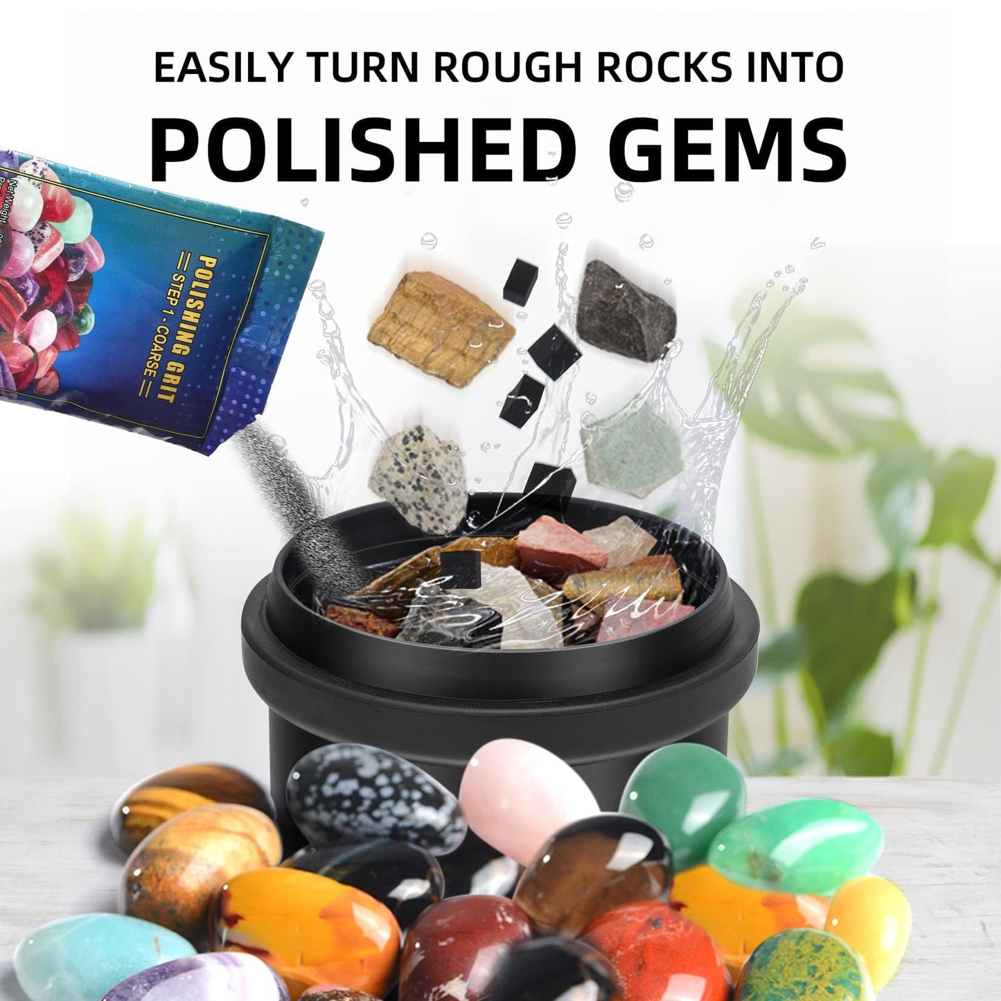 Tryes Rock Tumbler Kit Adults - Rock Polisher Tumbler with Noise Reduction Cover, Speed&Timer Control, Includes 4 Polishing Grits, Rough Gemstones, Learning Guide etc.(Blue)