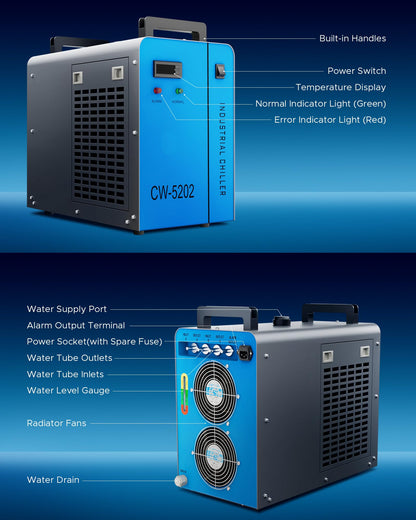 OMTech 6L Dual Industrial Water Chiller 0.9hp 3.2gpm 2 Inlets & Outlets Powerful Water Cooling System CW-5202 Water Cooler to Chill Two 60W 70W 80W 90W 100W 120W 150W CO2 Laser Engraving Machines