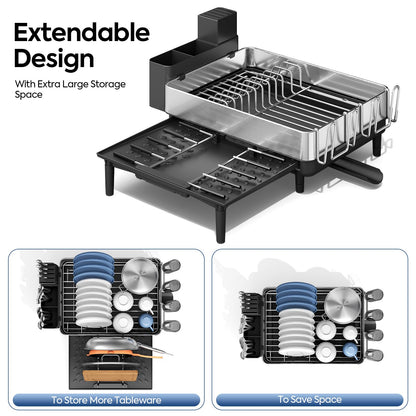 Urackify Dish Drying Rack for Kitchen Counter - Stainless Steel Dish Drainer with Drain Board, Removable Utensil Holder, Rust-Proof Plate, Non-Slip Feet, Large Capacity for 10 Plates 6 Bowls 4 Cups