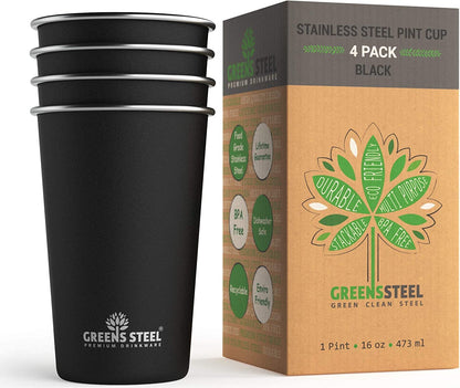 Stainless Steel Cups - 16 oz Pint Tumbler (4 Pack) - Premium Metal Drinking Glasses | Stackable Durable Cup (16 oz Black)