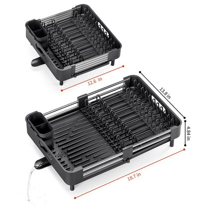 TOOLF Dish Drying Rack, Expandable Dish Rack for Kitchen Counter, Anti-Rust Dish Drainer, Sink Organization and Storage Essentials with Cutlery & Cup Holder, Black