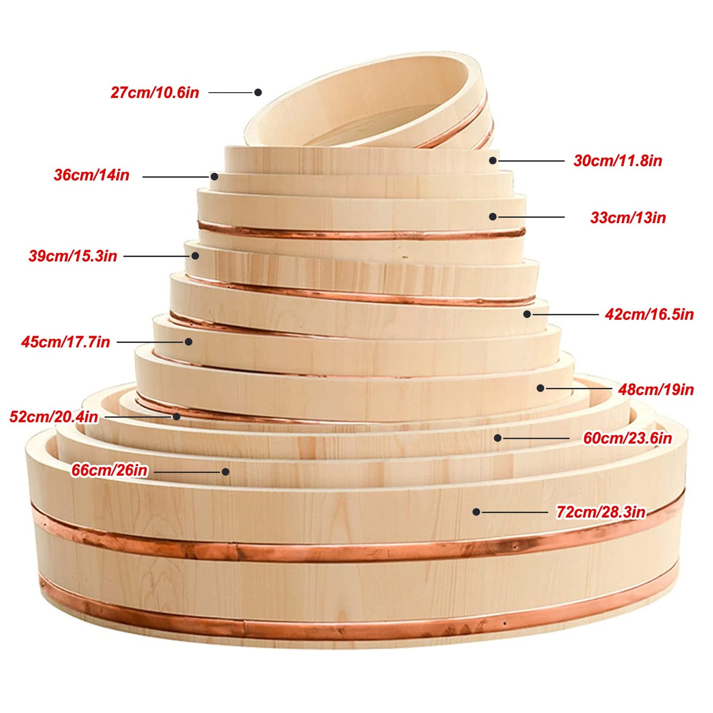 TYRHMY Japanese Wooden Hangiri Sushi Rice Mixing Bowl Tub for Sushi Restaurant Sushi oke White Solid Wood,51cm/20in