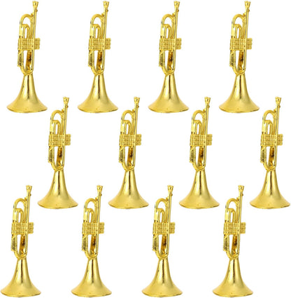 12pcs Golden Trumpet Musical Instruments Mini Plastic Trumpet Models for Christmas Tree Wreath Home Party DIY Hanging