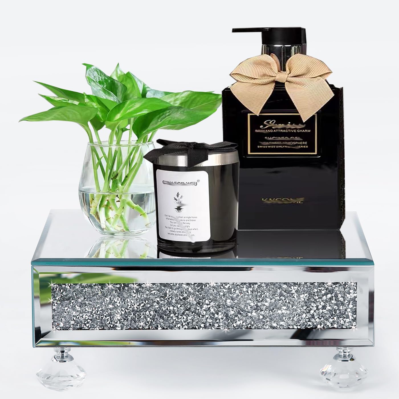 TACIDON Glass Mirrored Riser for Kitchen Sink, Bathroom Counter Modern Decor. Crystal Pedestal Stand for Displays. Crushed Diamond Bling Decor Tray.(Silver)