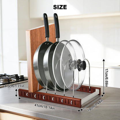 Pot Lid & Pan Organizer, Space-Saving Kitchen Cabinet Organizer W Oak Base & Self-Adaptive Flexible Design for Tray, Baking Sheet, Cutting Board, Cookware, Skillets - Cutting Board Holder Storage