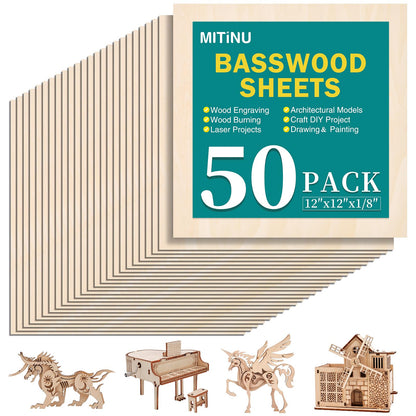 MITINU 50 Pack Basswood Sheets for Crafts,12"x12"x1/8" 3mm Thick Plywood Sheets with Smooth Surfaces-Unfinished Squares Wood Boards for Laser Cutting, Wood Burning, Architectural Models, Staining